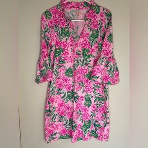 Pink Floral Shift Dress with Green Leaf Print